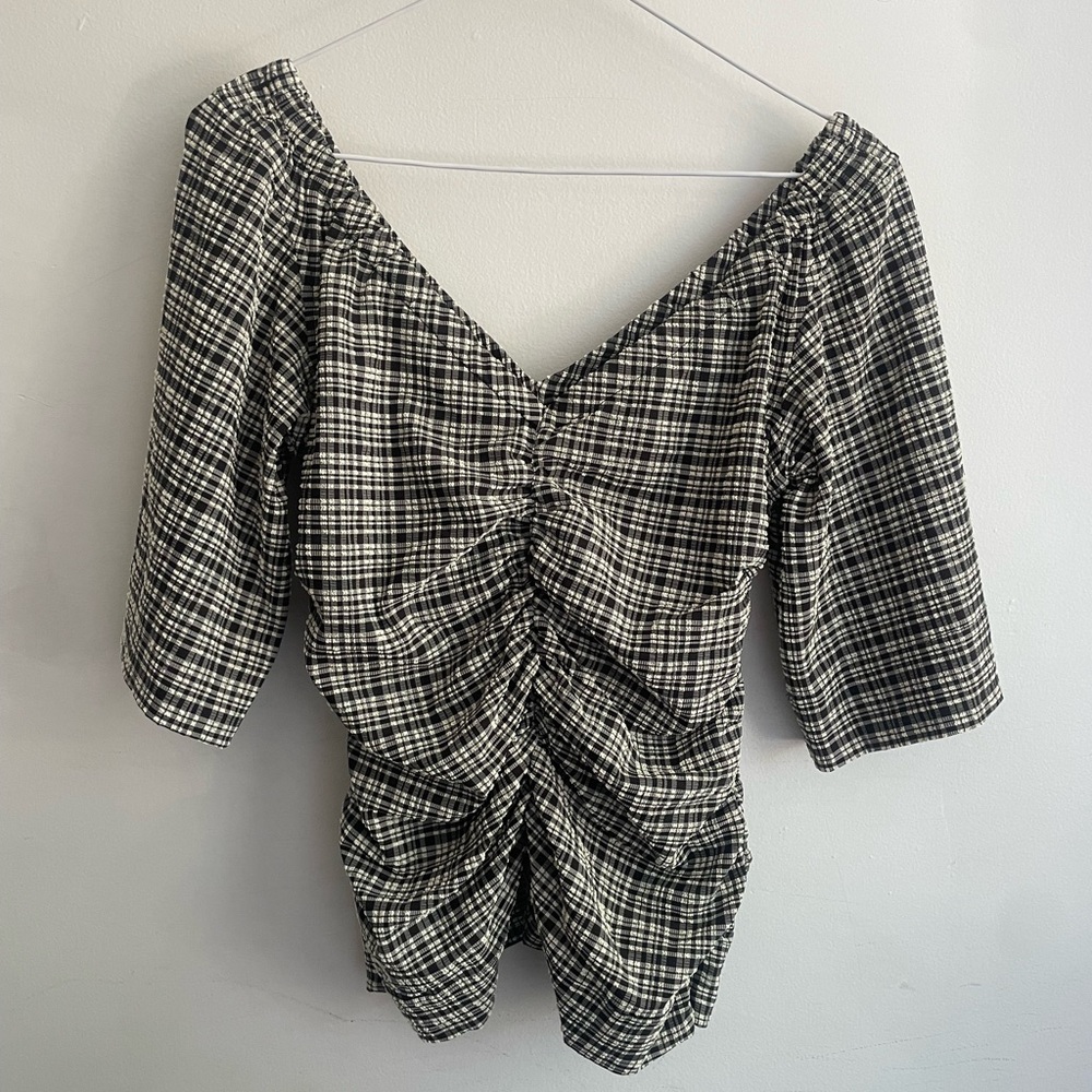 Ganni Black & White Plaid Ruched V-Neck Top